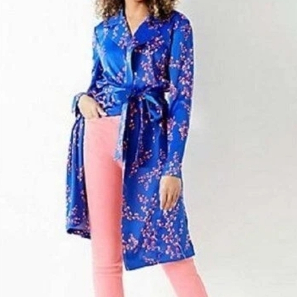 J Jason Wu Women's Woven Printed Lightweight Satin Floral Trench, Blue & Pink - Picture 7 of 14